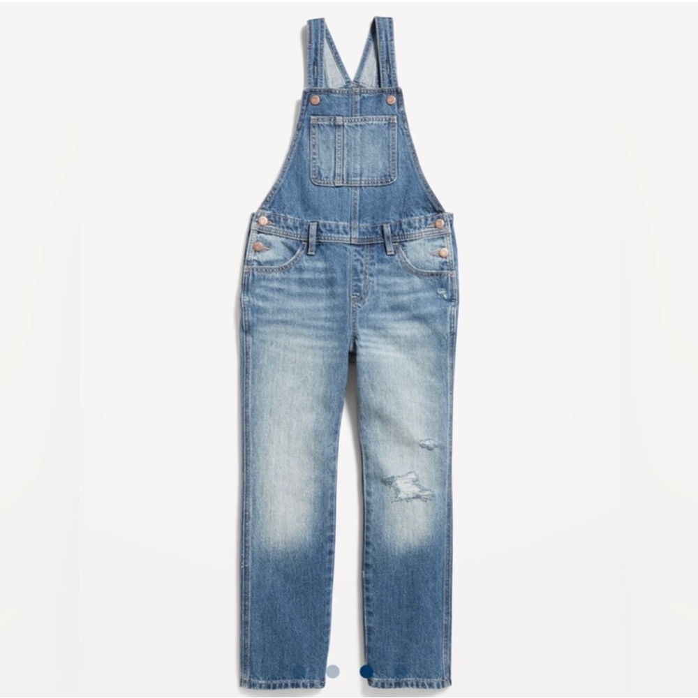 Old navy slouchy straight ripped jean overalls for girls